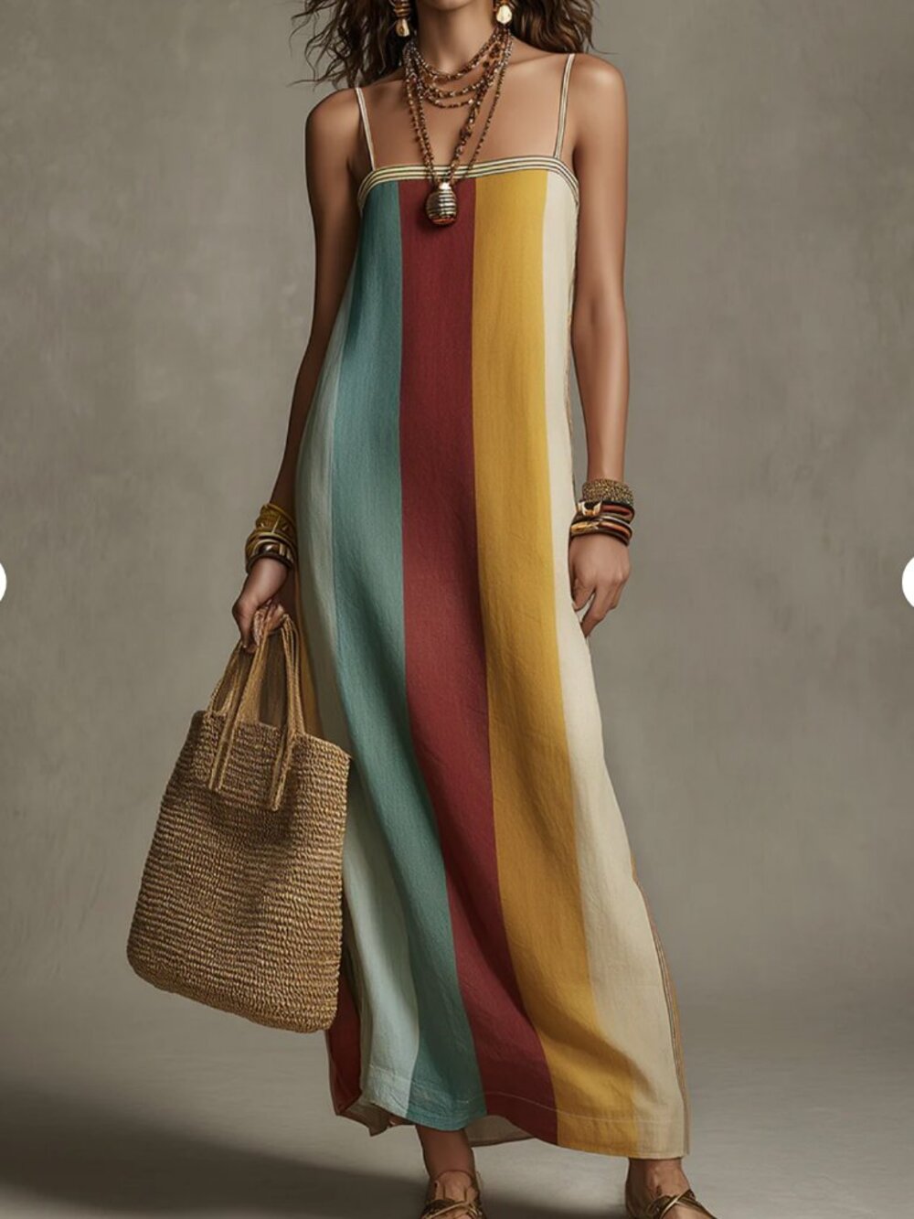 Bohemian Style Striped Color Block Spaghetti Strap Long Dress